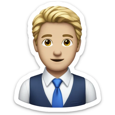 caucasian male, dark blue suit, white shirt and blue-purple tie sticker