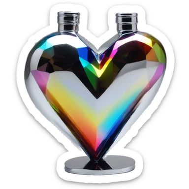 symbolic heart chrome sculpture symbolizing chromatic light with a geometric, faceted design. The bottle is standing upright with angular and baroque features. The vibrant rainbow of colors highlights the sharp edges and planes.  sticker