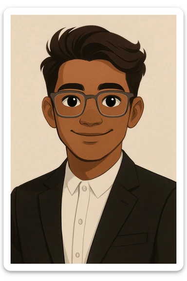 male character with medium brown skin, large expressive black eyes, neat voluminous dark brown hair swept left, large semi-transparent rectangular eyeglasses, smiling warmly, black formal blazer over white shirt buttoned to top, modern style portrait sticker