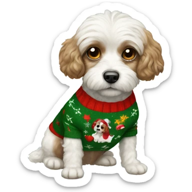 cavachon wearing a Christmas sweater sticker