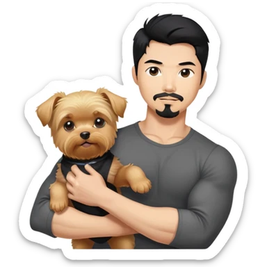  No female.  Holding a blonde yorkie. Dark haired Korean Asian handsome man with black pointy hair full goatee and biceps sticker