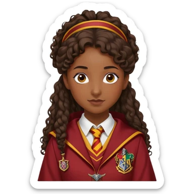 Alicia Spinnet in harry potter, wear hogwarts gryfindor uniform, long, dark, curly ponytail hair, dark skin sticker