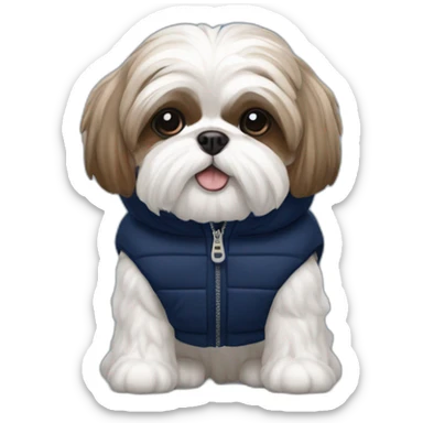 White and brown Shih tzu in sleeveless navy blue puffer jacket sticker