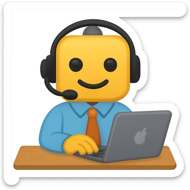 Make the recruiter robot emoji much cuter and more friendly, masculine, in apple style, flat, at a desk, headset on, typing on a laptop, with a transparent background. sticker