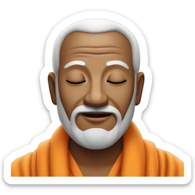 an old yogi with a peaceful and meditative expression. The character should be wearing an orange robe, symbolizing traditional yogic attire. The yogi can be sitting in a lotus position with closed eyes, a gentle smile, and a serene aura. sticker