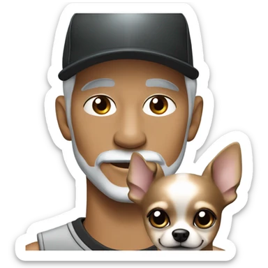 Man with blue eyes grey hair and grey goatee wearing ball cap holding black long haired chihuahua sticker