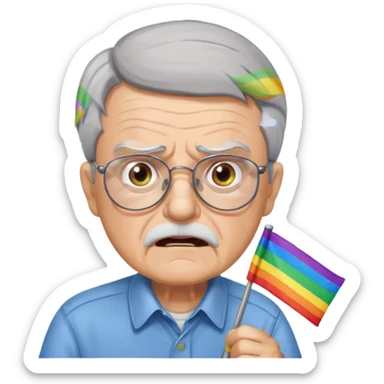 make old old man like 80 with gray hair and fur has HUGE EYE brows and glasses and is always mad and gay holding the rainbow flag sticker