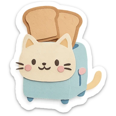 kawaii toaster cat popping out two toast slices, smiling sweetly, soft pastel colors, full-body sticker