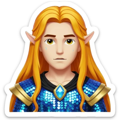 Ares from Lore Olympus with long amber hair, amber sequin outfit sticker