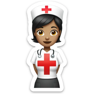 super short black straight hair female nurse with red cross sign hat wearing dress sticker