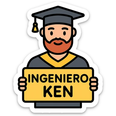 graduado universitario clásico con barba, birrete y toga, sosteniendo un cartel que dice INGENIERO KENY, estilo icono colorido, líneas limpias, fondo neutro sticker