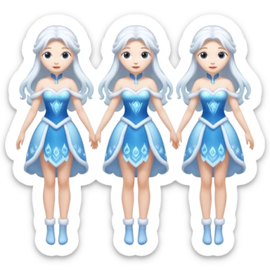 An ice Snow Maiden character with two arms and two legs, full body, front view, back view, side view, three-quarter view, consistent character design, translucent ice material, winter fairy tale style. sticker