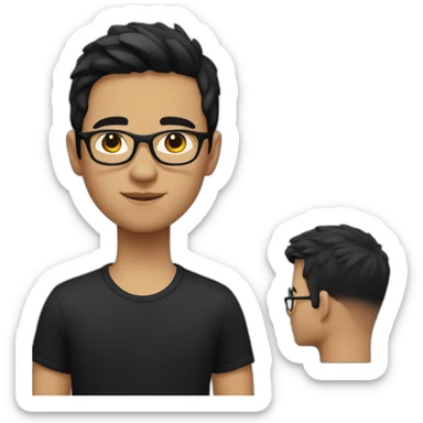 A boy with short black hair in a black T-shirt and black-rimmed glasses sticker