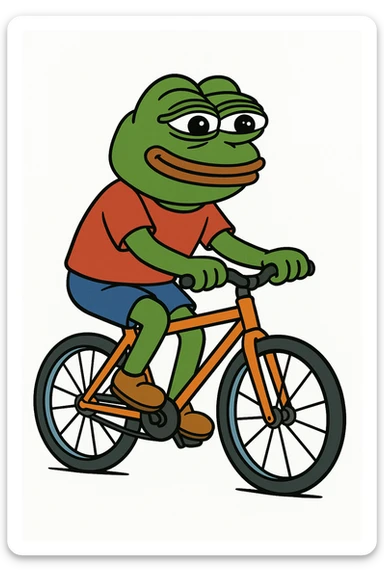 create a pepe riding bike, white background sticker