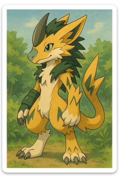Sergal-Protogen-Trico-Renamon-Lombax-Zeraora-Vernid-fusion-hybrid-creature, drawn in a Pokémon/Digimon style sticker