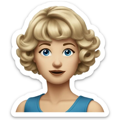 Medium length Dirty blonde poofy hair with bangs all across forehead and sides swept away from face woman of 60 with blue eyes  sticker