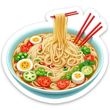 Shaanxi cold skin noodles with colorful toppings, simplified emoji style with bold outlines and bright colors, cartoon style Xi'an famous cold appetizer sticker