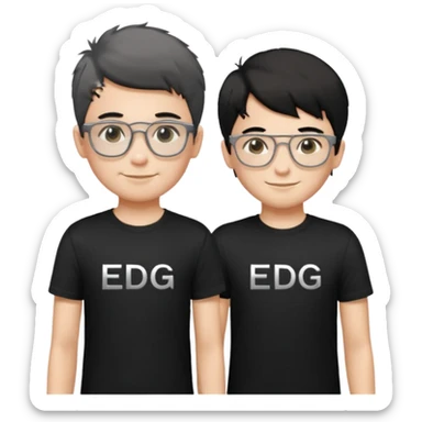 2 boys standing together. oner wearing black t-shirts with the letters 'EDG' fluffy short hair and silver rectangular glasses. the other one has black hair, smiled brightly, no glasses. the one who has no glasses is taller sticker