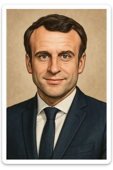realistic cartoon portrait of Emmanuel Macron, French president, wearing a suit and tie, confident expression sticker