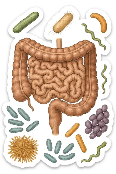intestino umano anatomico con batteri intestinali che gli fluttuano intorno sticker