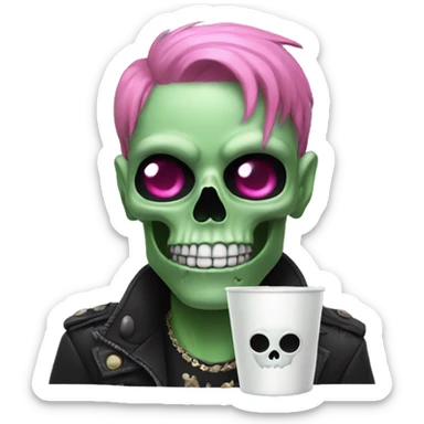 Black skull with green hair pink eyes and a cup on the nose sticker