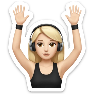 I want a white female dj animated gif emoji with long straight centre parting blonde hair, brown eye brows and putting hands up in the air. Wearing a black tight top with no sleeve. Also wearing DJ headphones  sticker