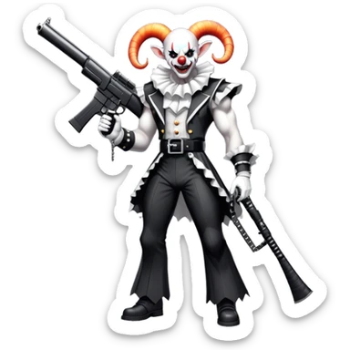 full-body muscular demonic clown, battle-ready, black and white leisure suit with bellbottom pants, bald, black ram horns, flashy black and white belt, ruffled white shirt, no neck tie, large fangs, holding very large futuristic rifle sticker