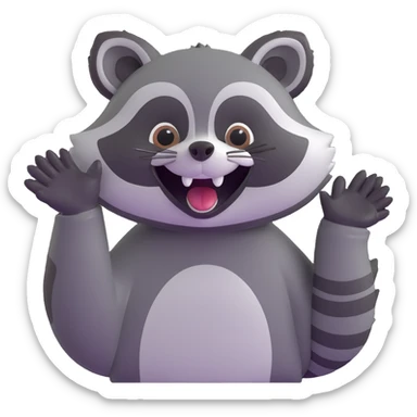raccoon giggling and waving, cheeks puffed, playful sticker