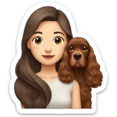 asian girl in long brown hair sits with brown cocker spaniel sticker