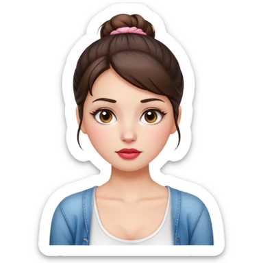“Emoji brunette girl hair in bun white top, dewy skin, heavy blush across cheeks and nose bridge, glossy cherry lips, soft eyeliner, teary sparkling eyes like hanni from new jeans sticker