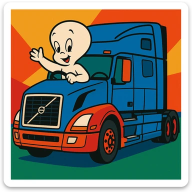 Casper the ghost driving a 2022 Volvo sleeper semi truck, vibrant toon style sticker