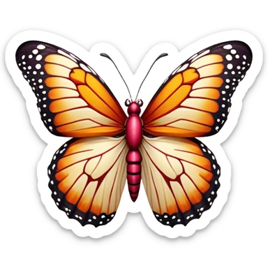 Cinematic Realistic Comical monarch Butterfly Portrait Emoji, Head tilted dramatically with an exaggeratedly amused expression, featuring striking, vividly detailed ruby wings with bold, playful patterns and wide, expressive eyes brimming with humorous disbelief, rendered with lifelike texture and vibrant natural hues, high shine, dramatic yet playful, styled with an air of cheeky garden mischief, soft glowing outline, capturing the essence of a spirited and over‐the‐top red butterfly that looks ready to flutter its way into viral fame! sticker