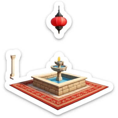 3D Apple-style emoji of a Turkish han courtyard. Square courtyard, small fountain, low arches, hanging lanterns, stacked carpets. Rounded, glossy, soft shadows, bright daylight, white background.





 sticker