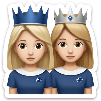 Two girls. One with shoulder length blond hair and one with long brown hair. They have princess crowns on their heads. They have Penn state shirts sticker