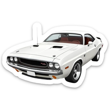 Iconic white 1971 Dodge Challenger from Death Proof, consistent 30-degree perspective with detailed front end and hood, maintaining authentic proportions, all-white color scheme, iOS emoji style sticker