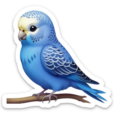 Cinematic Noble Blue Budgie Portrait Emoji, Poised and regal, with a petite, delicate build and a smooth, well-groomed fur of vibrant blue feathers, deep-set soulful dark eyes, Simplified yet sharp and sophisticated features, highly detailed, glowing with a soft, dignified glow, high shine, intelligent and charming, stylized with an air of elegance, focused and attentive, soft glowing outline, capturing the essence of a watchful and confident avian companion, so majestic it feels as though it could flutter out of the screen with effortless authority! sticker