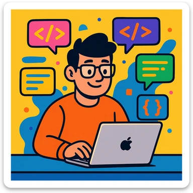 a developer working on a MacBook, surrounded by code snippets, vibrant cartoon style sticker