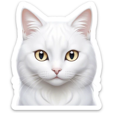 Cinematic Noble White Cat Portrait Emoji, Poised and stately, with a pristine, snow-white fur accented by delicate hints of silver, refined whiskers and a serene, focused gaze, simplified yet impeccably detailed, glowing with an ethereal radiance and timeless elegance, high shine, exuding calm intelligence and regal simplicity, soft glowing outline, capturing the essence of a noble white cat that radiates quiet majesty! sticker