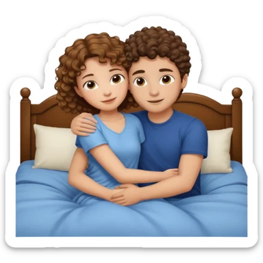 Girl hugging a guy with short curly brown hair on bed sticker