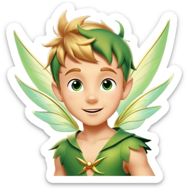 cinematic-realistic-peter-pan-portrait, head tilted dramatically with an exaggeratedly amused expression and sparkling eyes brimming with playful mischief, his iconic outfit rendered in vivid detail with dynamic shadows, soaring through the air accompanied by a glowing Tinker Bell, whose delicate wings leave a trail of shimmering pixie dust across a whimsical sky. sticker