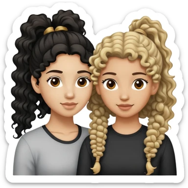 Two best friends, one light skin with curly hair in ponytail and another tan one with long wavy black hair sticker
