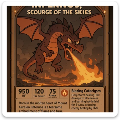 epic role-playing card featuring a legendary fire-breathing dragon named Infernos, Scourge of the Skies, ornate collectible design with glowing ember accents, ancient dragon runes, dramatic illustration of Infernos flying over a scorched battlefield with molten lava and smoke, card stats: 950 HP, 120 fire power, 75 armor reducing physical damage by 25%, special ability Blazing Cataclysm fiery storm dealing 300 damage to all enemies and burning battlefield for 2 turns reducing enemy healing by 50%, lore-rich description Born in the molten heart of Mount Kuralon, Infernos is a fearsome embodiment of flame and fury, whose roar shakes mountains and whose breath leaves nothing but ash sticker