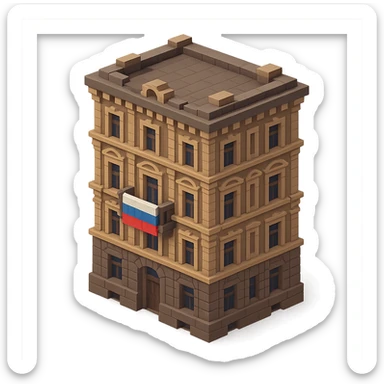 old Saint Petersburg building in voxel style, gray-brown tones, ornate facade, Russian flag draped over a balcony, isometric view sticker