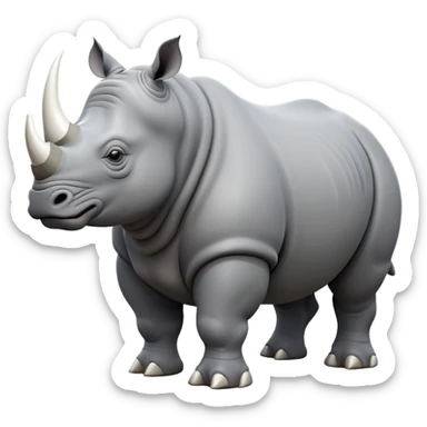 cinematic-rhino-full-body-standing-emoji,white horn, slate grey skin -massive-body-poised-powerfully,-thick-horn-curving-slightly-forward,-head-tilted-dramatically,-rough-grey-hide-covered-in-dust,-simplified-focused-features, sticker