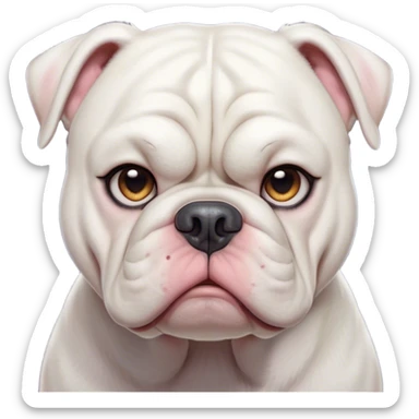 Cinematic Grumpy White American Bulldog Portrait Emoji, Head tilted slightly with a deeply unimpressed expression, thick white fur with a slight wrinkling around the jowls and brow, large, droopy eyes narrowed into an unamused glare, jowls slightly sagging in exasperation, Simplified yet comically expressive features, highly detailed, glowing with a dry, sarcastic glow, high shine, effortlessly judgmental yet dignified, stylized with a touch of cynicism, bright but brooding, soft glowing outline, capturing the essence of an eternally unimpressed yet endearing pup, so lifelike it feels like it could sigh heavily at you in disdain at any moment! sticker