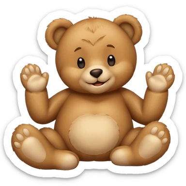 teddy bear lying on belly, chin resting on paws, looking up with a smile, emoji style, text: 'so sweet of you.' sticker