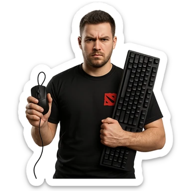 A tough-looking Dota 2 player with a serious expression, holding a mouse and keyboard sticker
