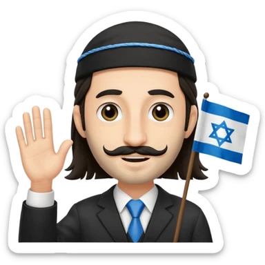 jewish jew man's face, wearing a tiny black kippah and 2 thin long hair strands near the ears, big nose, only face, no body, no mustache, holding israel flag sticker