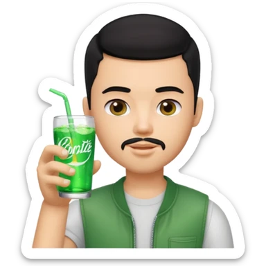 generate a pretty bratz boy with a buzz cut black hair, drinking sprite, bearded,  sticker
