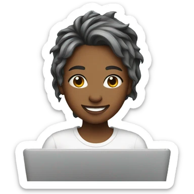 Girl with a wolf cut hair with a laptop smiling sticker